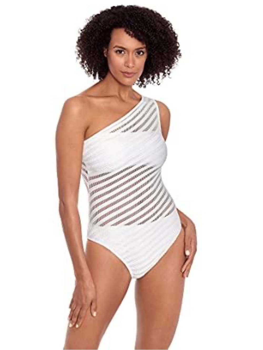 Lauren Ralph Lauren One-Shoulder White Mesh Stripe Women’s Swimsuit Size 16